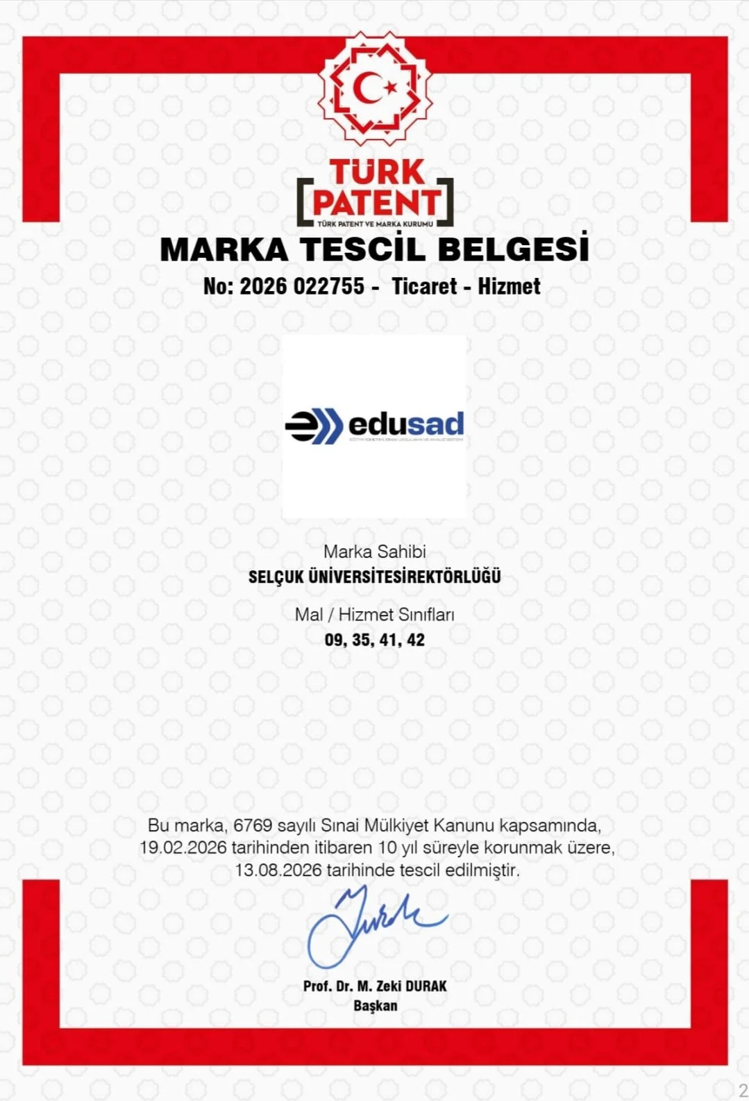 Selçuk Üniversitesinin İlk Marka Tescili EDUSAD Oldu