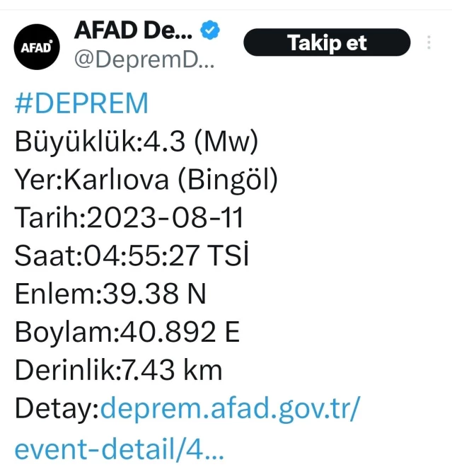 Bingöl'ün Karlıova ilçesinde 4,3 büyüklüğünde deprem