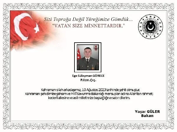 MSB: Pençe-Kilit bölgesinde 1 asker şehit oldu