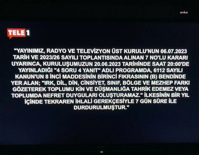 Tele 1 TV'ye verilen yayın durdurma cezası başladı