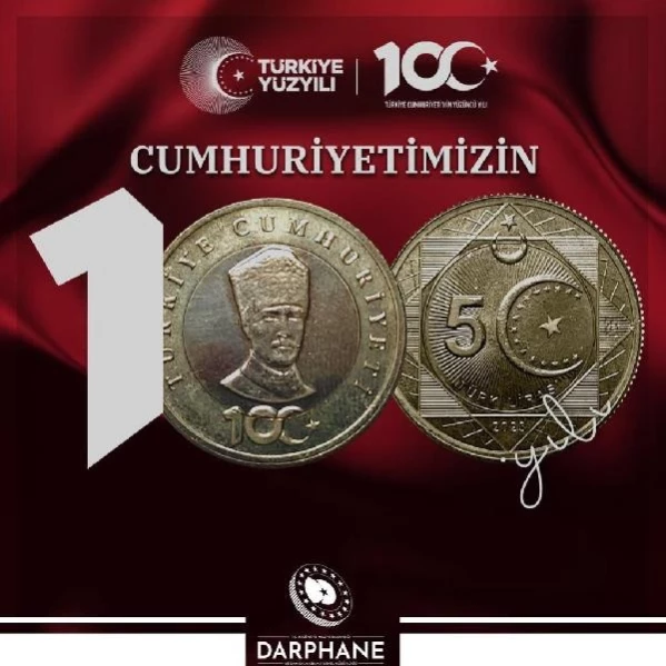 Cumhuriyet'in 100. yılı için 5 Türk Lirası hatıra parası yarın tedavüle sunulacak