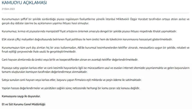 Et ve Süt Kurumu, CHP Milletvekili Özgür Karabat'ın İddialarına Cevap Verdi