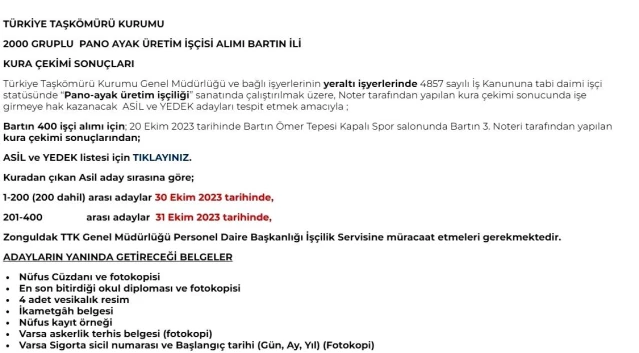 TTK Amasra Müessesine Maden İşçisi Başvuruları Başladı
