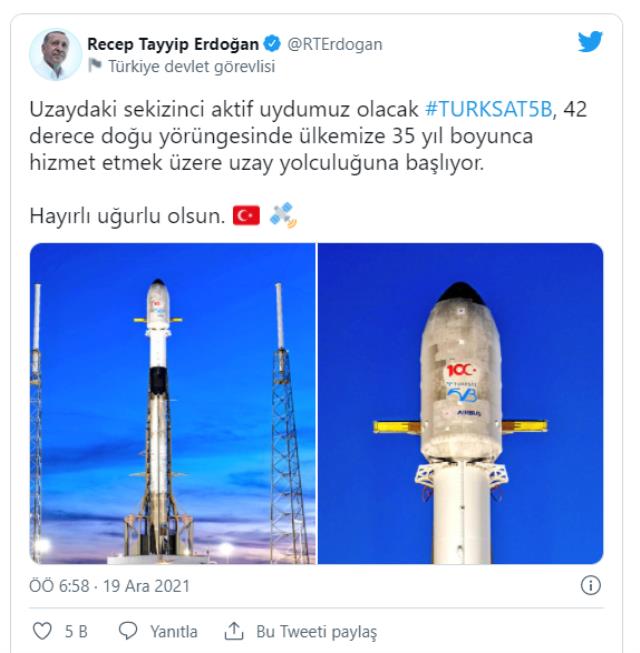 Erdoğan'dan Türksat 5B mesajı: Sayın Musk'a Türkiye karşıtı lobilerin şantajına boyun eğmediği için tebrik ediyorum