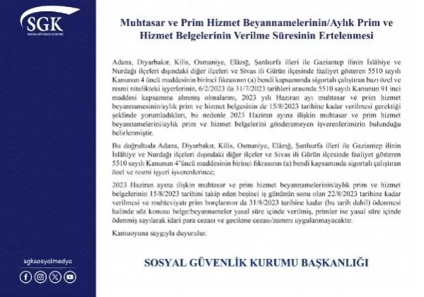 Depremden Etkilenen İllerde Prim ve Hizmet Belgelerinin Teslim Süresi Uzatıldı 1 Depremden Etkilenen İllerde Prim ve Hizmet Belgelerinin Teslim Süresi Uzatıldı