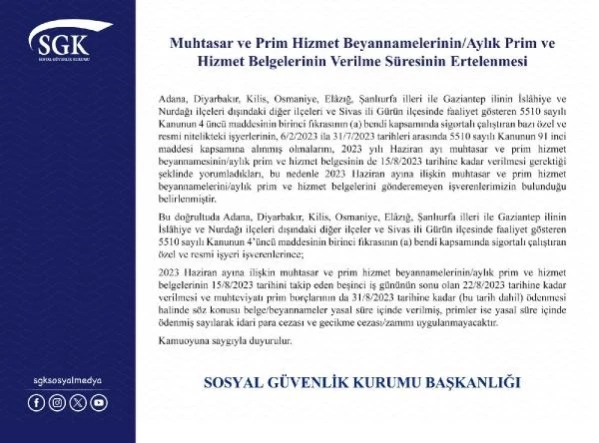 Depremden Etkilenen İllerde Prim ve Hizmet Belgelerinin Teslim Süresi Uzatıldı