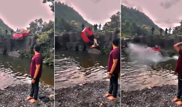 Hindistan'da Araba Şelaleye Düştü, Baba ve Kız Kurtarıldı 1 Hindistan’da Araba Şelaleye Düştü, Baba ve Kız Kurtarıldı