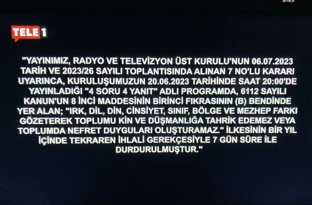 Tele 1 TV'ye verilen yayın durdurma cezası başladı 1 Tele 1 TV’ye verilen yayın durdurma cezası başladı
