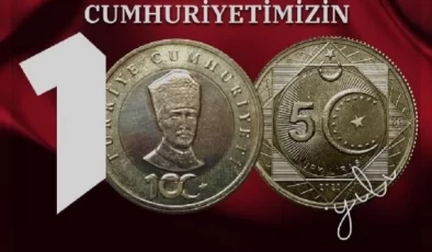 Cumhuriyet’in 100. yılı için 5 Türk Lirası hatıra parası yarın tedavüle sunulacak